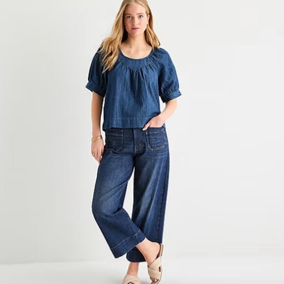 a.n.a Tops - a.n.a Denim Womens U Neck Short Sleeve Blouse, Dark Wash Sz PM